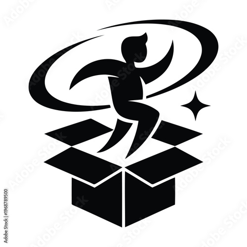 Black and white silhouette of a person stepping out of a box with a swirling motion and a spark