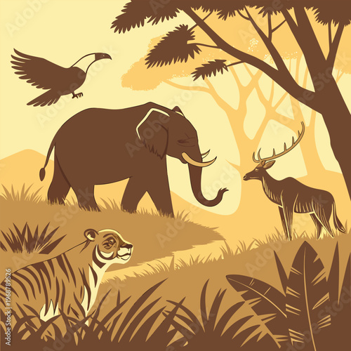 African savanna scene with elephant, tiger, deer, and bird, a stylized illustration of wildlife on the african savanna at sunset, digital art