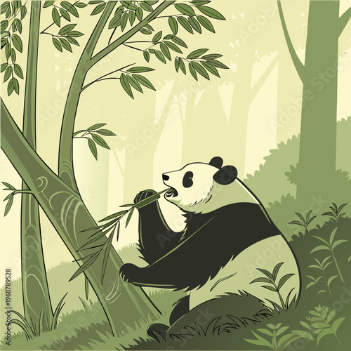 Giant panda sitting and eating bamboo stalks in a stylized forest with the artwork uses a simplified, distinct style, endangered species