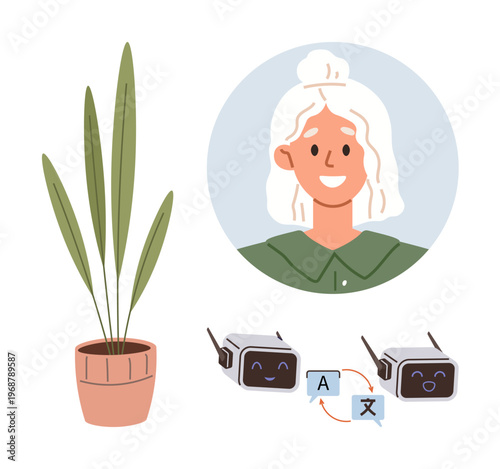 Language learning, AI tools, communication, machine translation, online education, technology innovation. Smiling woman, translation robots and potted plant. Language learning and AI tools