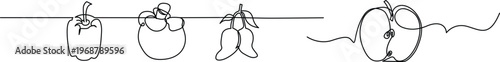 Minimalist continuous line art of organic fruits and vegetables on a white background banner Vector