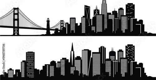 A striking black silhouette showcases the san francisco skyline featuring the golden gate bridge and iconic city buildings high quality professional detailed modern