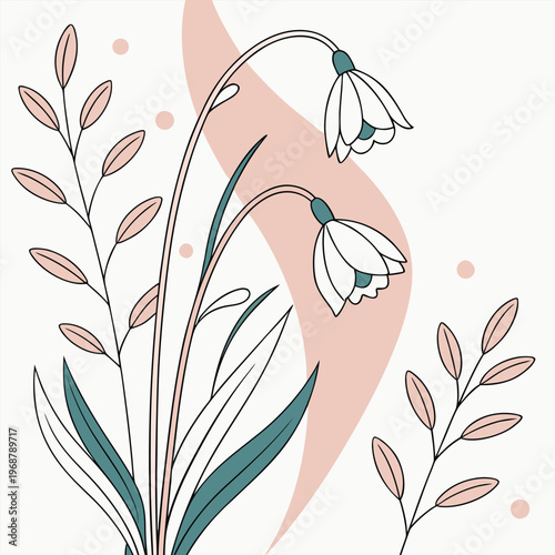 Elegant snowdrop style flowers with green leaves and abstract pink shapes illustration with bell shaped