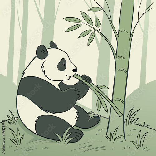 Cute cartoon panda eating bamboo in a forest setting with the art style is simple and playful with endangered species