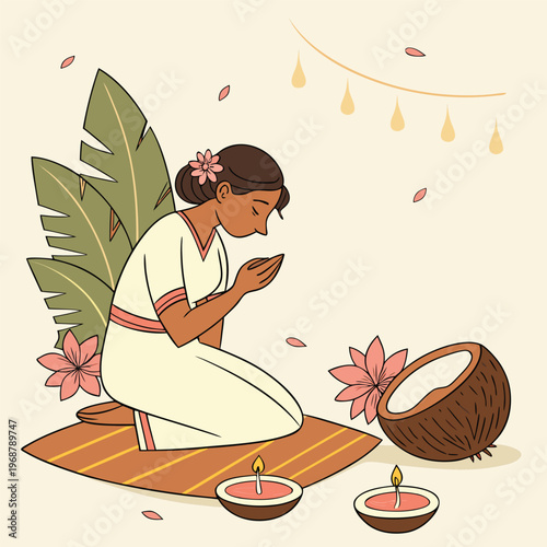 Woman kneeling in prayer or meditation with coconuts, candles, and flowers in a spiritual setting illustration, southeast asian