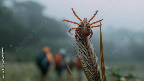 Tick Waiting on a Blade of Grass for Hikers in a Foggy Forest Environment