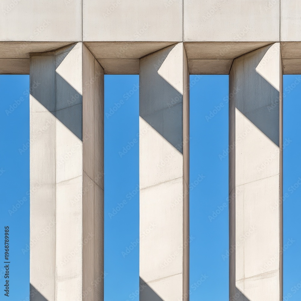 Obraz premium Geometric Rhythm Vertical concrete structures bathed in sharp light and shadow, revealing a minimalist abstract pattern against clear blue sky. Architecture, Abstraction