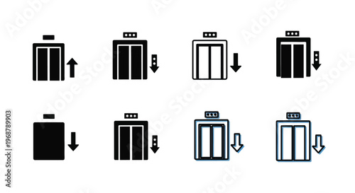 Set of elevator icons depicting different states and directions high quality