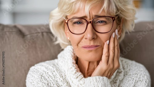 Senior Woman with Blonde Hair and Glasses Suffering from a Painful Toothache