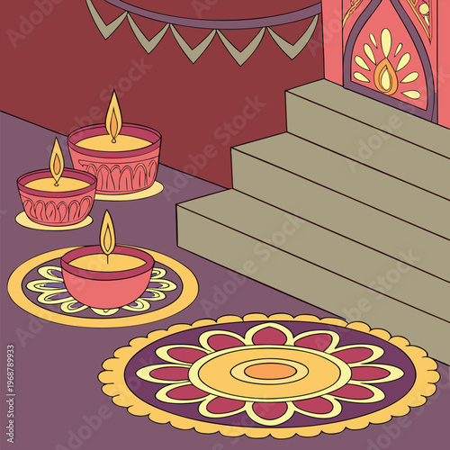 Warm and welcoming festive entrance decor with lit oil lamps and decorative mandala rugs on steps with traditional decor