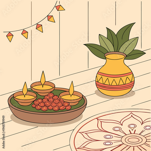 Sacred festive pooja arrangement with lit diyas, kalash pot, and flowers on a tray with mandala rug, traditional objects, still life