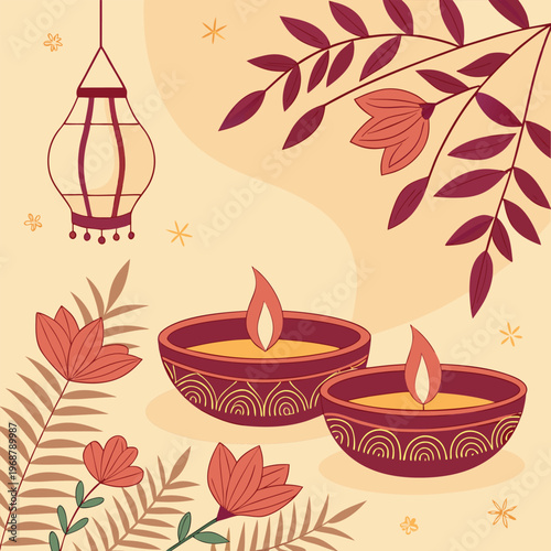 Two illuminated oil lamps with flowers and a lantern for a festive occasion