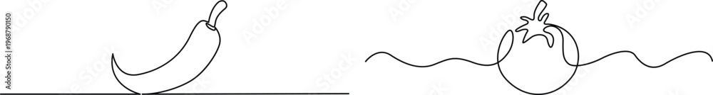 Obraz premium Minimalist continuous line art featuring a chili pepper and a tomato for kitchen decor Vector