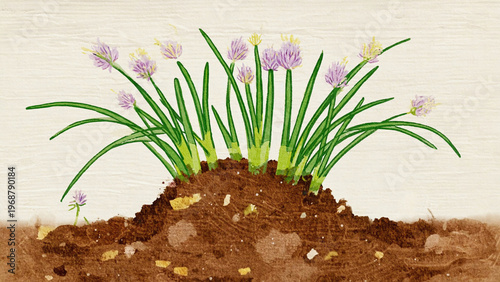 Cute chive plant with long thin leaves in illustrated garden soil. Ai generated.