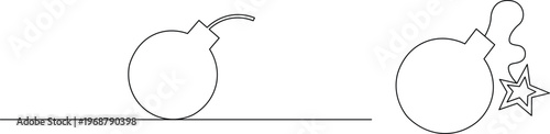 Minimalist continuous line drawing of two simple bomb icons with fuses on a white background. Vector
