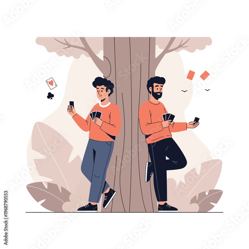 Two Men Play Cards Back To Back In Nature