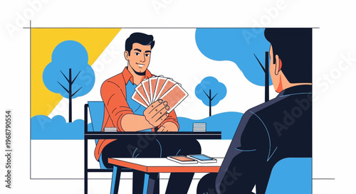 Two Men Playing Cards Outdoors Enjoying Leisure Time Together