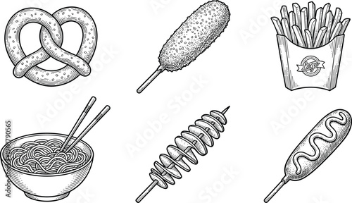 Street Food Snacks Vector Set. Street food snacks vector set including noodles fries pretzel and corn dog isolated detailed illustration