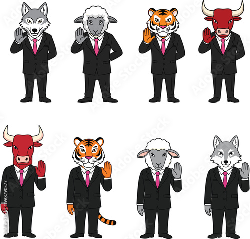 Corporate animal head characters in suits including wolf sheep tiger and bull for business personality and leadership metaphors