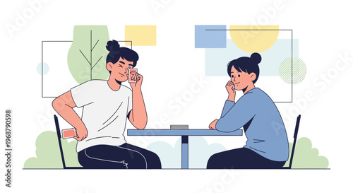 Two People Playing Cards In A Casual Setting With Abstract Shapes
