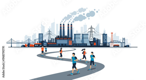 Urban Jogging Against Industrial Skyline Scene
