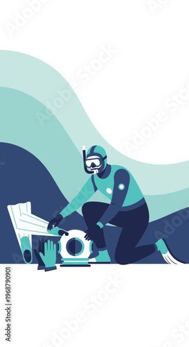 Underwater Explorer Prepares Gear For Ocean Dive