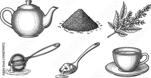 Tea Set Herbal Vector Collection. Tea set herbal vector collection including teapot cup tea leaves and powder isolated detailed illustration