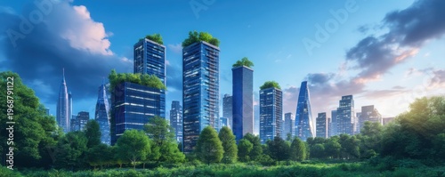 A vibrant urban skyline featuring modern skyscrapers adorned with greenery, set against a blue sky and surrounded by lush trees.