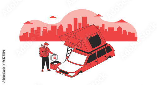 Urban Adventure Preparedness Red Vehicle With Rooftop Tent And First Aid Ready For City Exploration