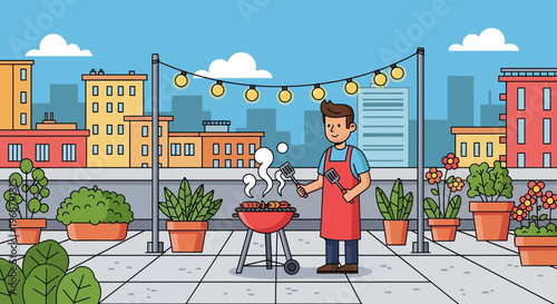 Urban Rooftop Barbecue Celebration Evening Gathering And Outdoor Cooking