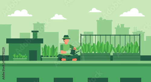 Urban Rooftop Garden Cultivation And Cityscape Serenity