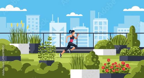 Urban Rooftop Fitness In Lush Greenery With Cityscape Background