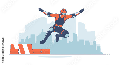 Urban Daredevil Leaping Over Obstacles In A Dynamic Cityscape Illustration