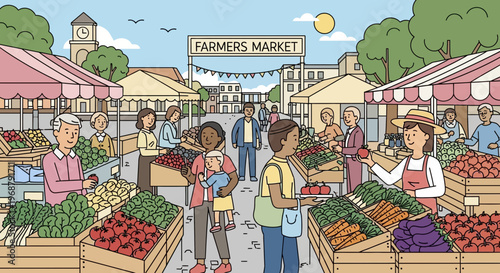 Vibrant Community Farmers Market Scene With Diverse Shoppers And Fresh Produce