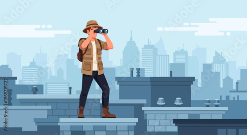 Urban Explorer With Binoculars Observing Cityscape From Rooftops