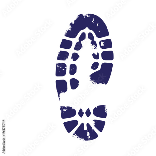 Dark blue textured footprint of a hiking boot sole isolated on a white background showing rugged tread pattern and worn rubber texture for outdoor adventure and exploration concepts