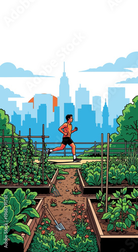 Urban Garden Fitness Man Jogging Amidst City Skyline And Lush Greenery