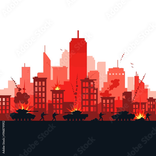 Urban Warfare: Tanks and Soldiers Battle in Cityscape Silhouette with Explosions