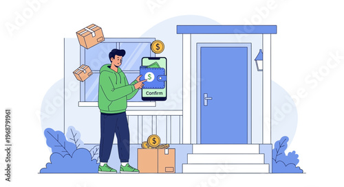 Man receives package delivery using mobile app at home, contactless delivery concept