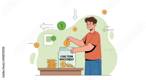 Man saving money in jar labeled 'Long Term Investment', financial growth concept