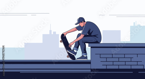 Urban Skater Contemplating City Views With Board Resting Gently Beside Him