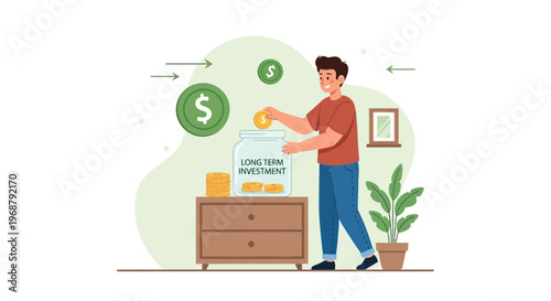 Man saving money in jar for long term investment, financial growth concept