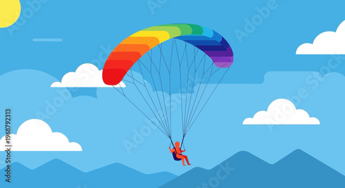 Vibrant Paraglider Soars Above Mountain Landscape In Bright Sunny Day