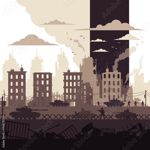 War-torn city skyline split between day and night, with tanks and soldiers amidst ruins.