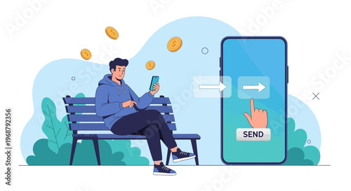 Man Sending Money Online Via Mobile Phone App While Sitting on Park Bench