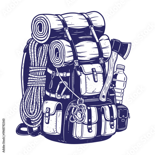 Detailed ink of a heavy hiking backpack loaded with rolled sleeping mats climbing rope a hand axe and a plastic water bottle isolated on a white background for outdoor adventure themes