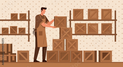 Warehouse Worker Arranges Wooden Crates for Storage and Distribution Operations
