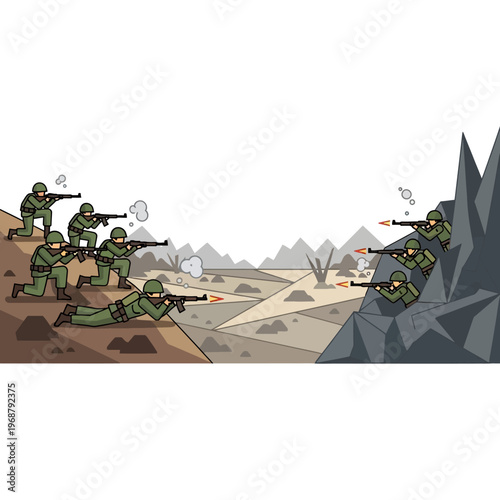 Cartoon Soldiers in Battle, Firing Rifles from Cover in War Zone Landscape