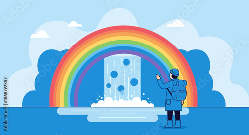 Vibrant Rainbow Waterfall Adventure Awaits A Lone Explorer
