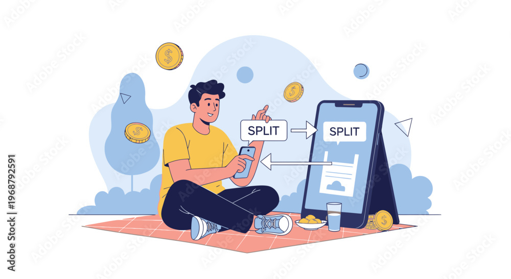 Obraz premium Man splitting phone screen content on picnic blanket with coins flying